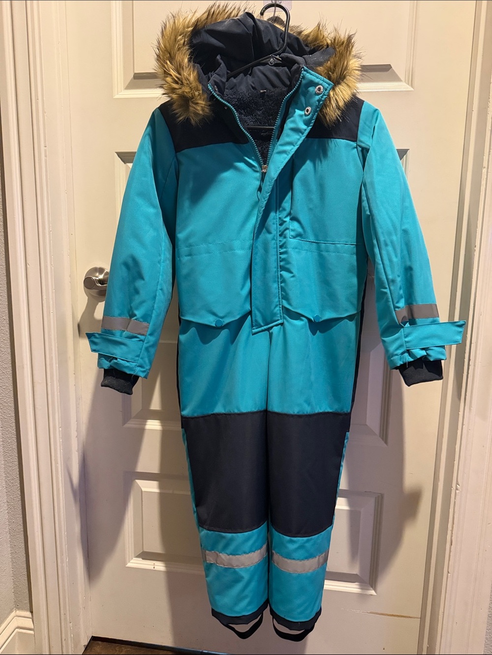 Kids Teal & Black One-Piece Winter Snowsuit with Faux Fur Hood